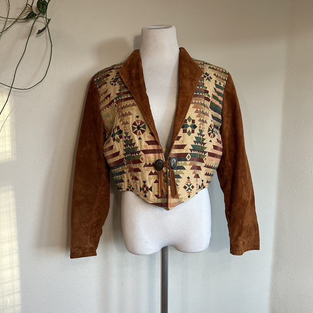 Native Components Suede Bolero Jacket M Southwestern Tapestry Festival Fringe